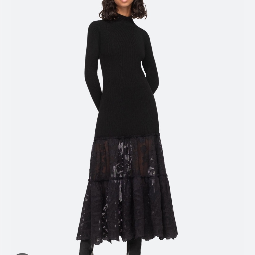 Sea New York Black Maxi Dress with Lace Tiered Skirt